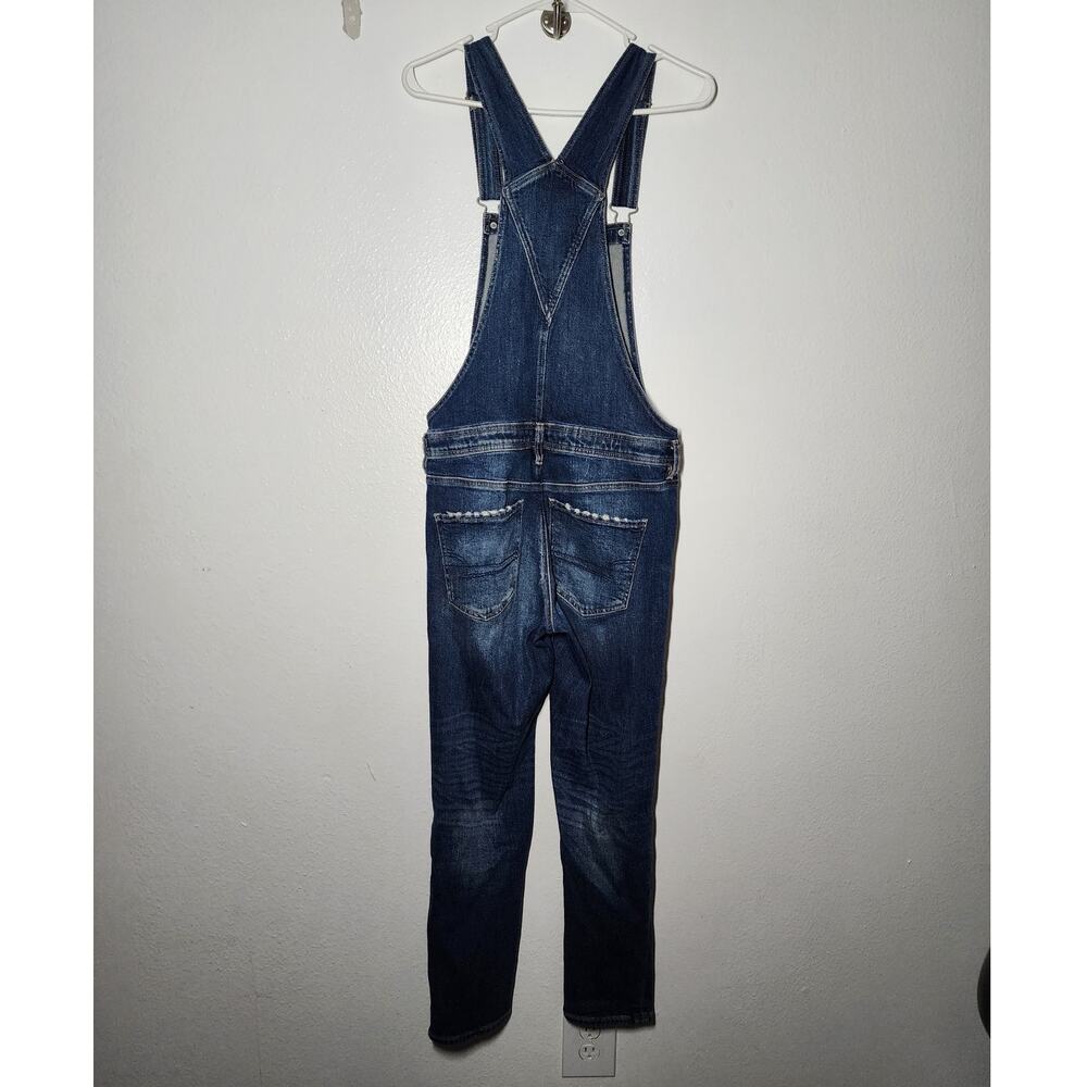 American Eagle Stretch Tomgirl Overall Bib in Destroyed Dark Wash Denim Jumpsuit - Picture 3 of 9